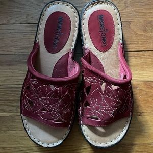Never Worn! Minnetonka Red Slide Open Toe Sandals with Floral Cut Outs